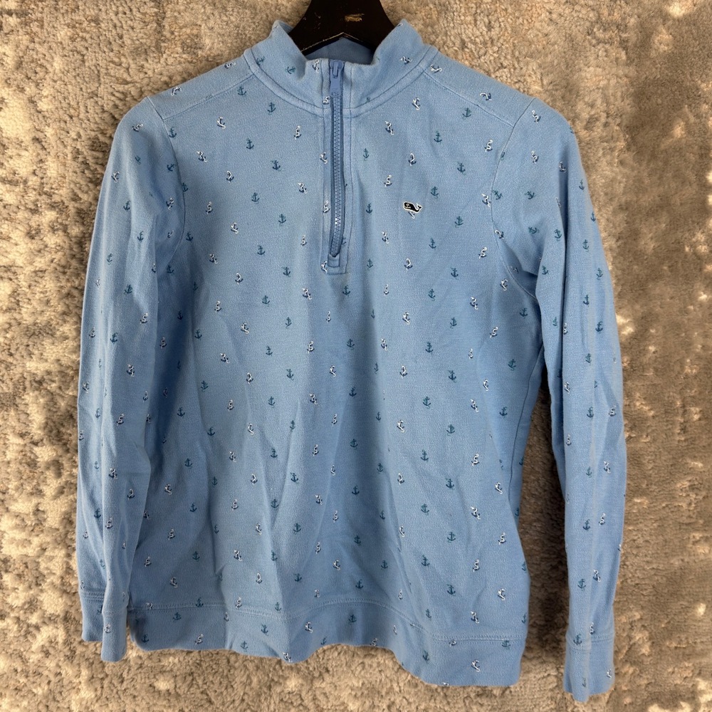 Vineyard Vines Size M Anchor Print Quarter Zip Pullover Sweatshirt Blue Long Boy